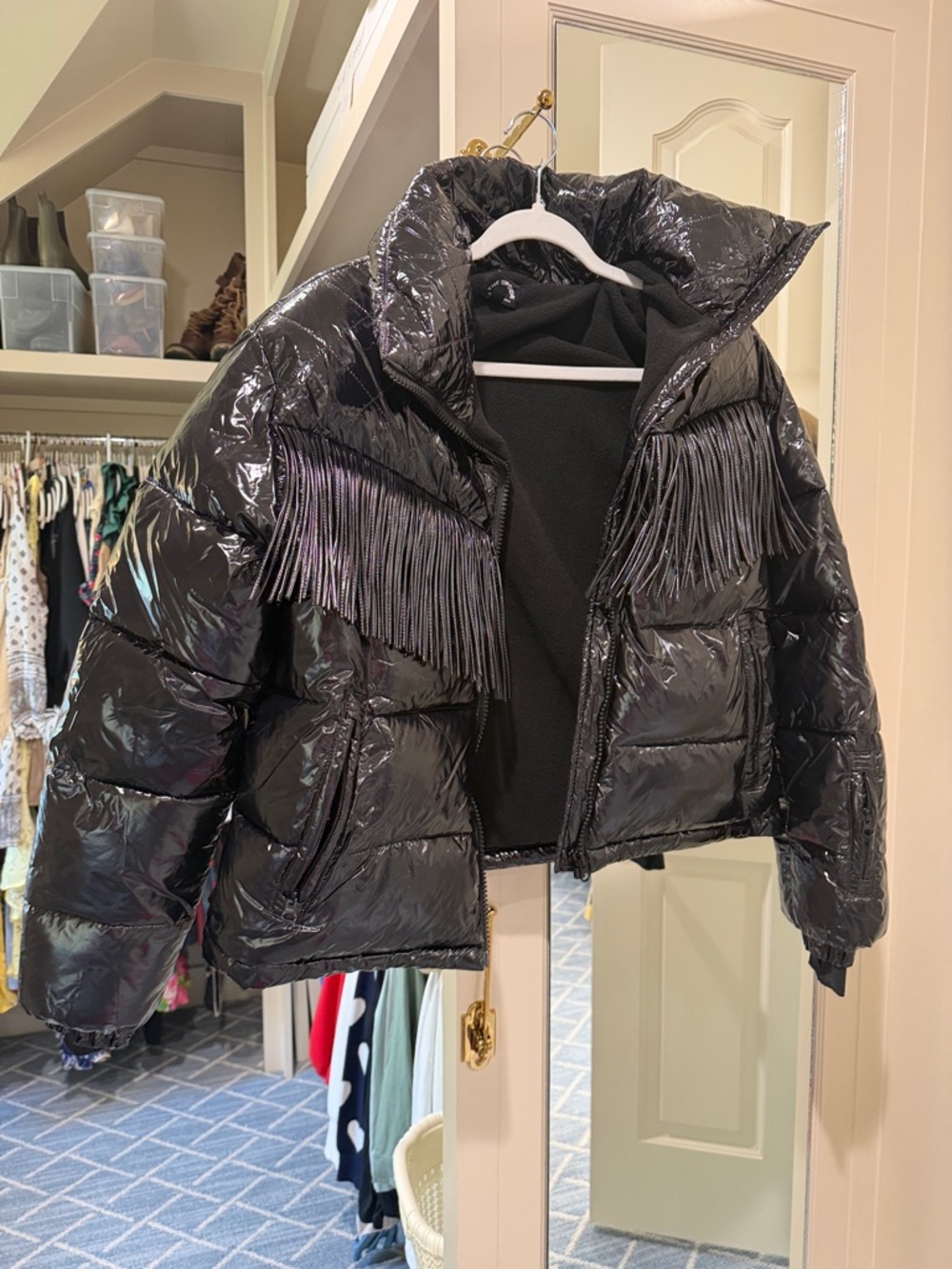 The Upside Black Shiny Fringe Puffer Jacket